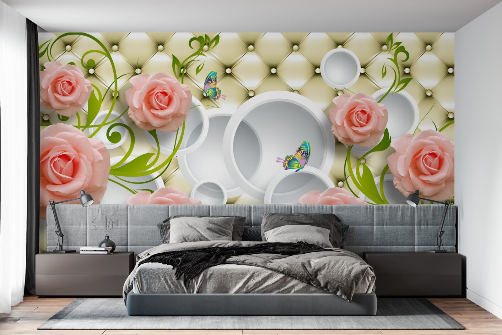 Fotobehang zachtroze rozen met groene stelen