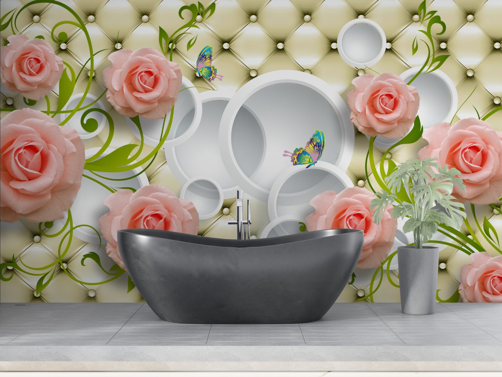 Fotobehang zachtroze rozen met groene stelen