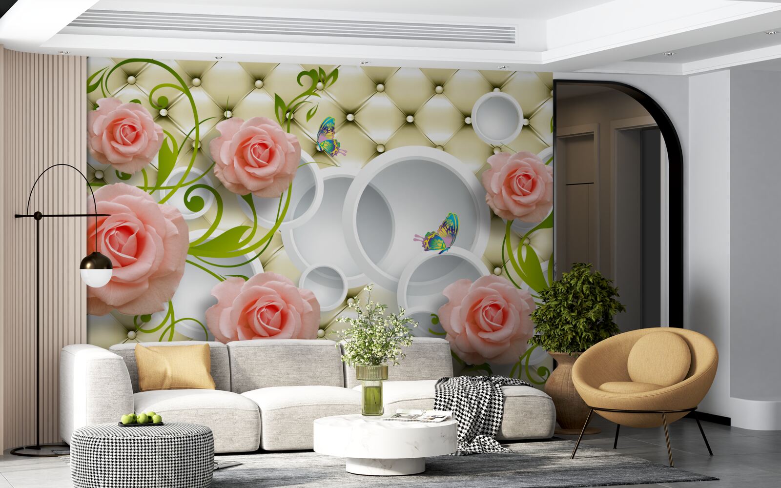 Fotobehang zachtroze rozen met groene stelen