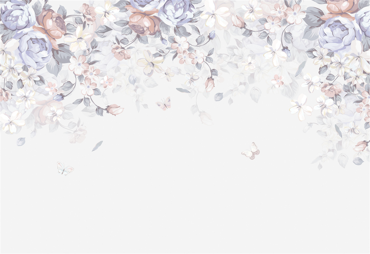 Fotobehang de witte achtergrond is versierd met zachte bloemen