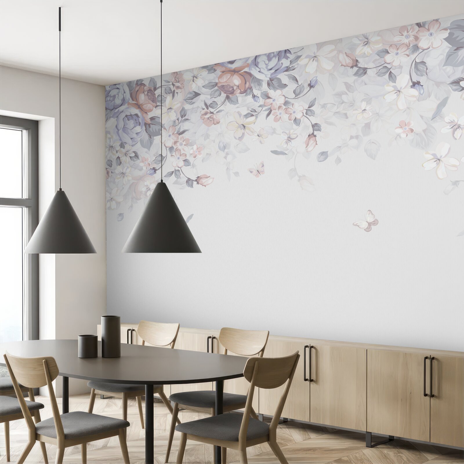 Fotobehang de witte achtergrond is versierd met zachte bloemen