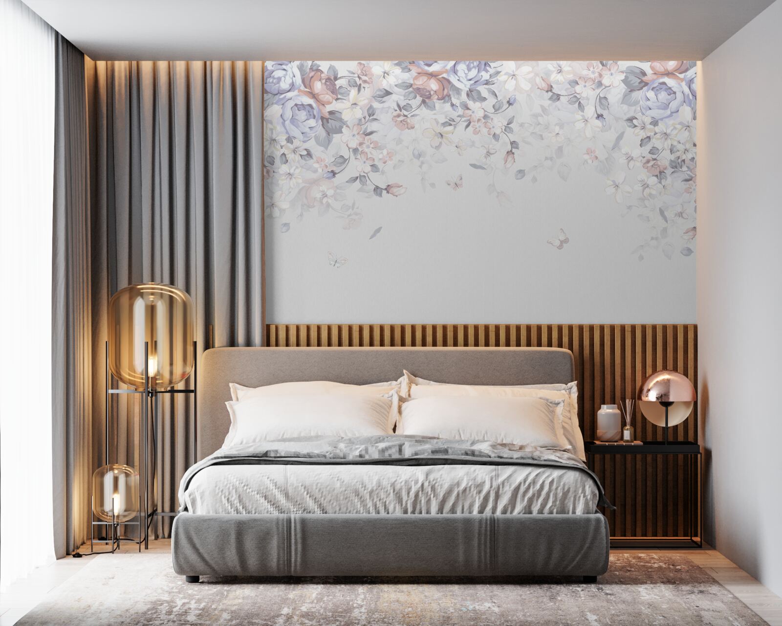 Fotobehang de witte achtergrond is versierd met zachte bloemen