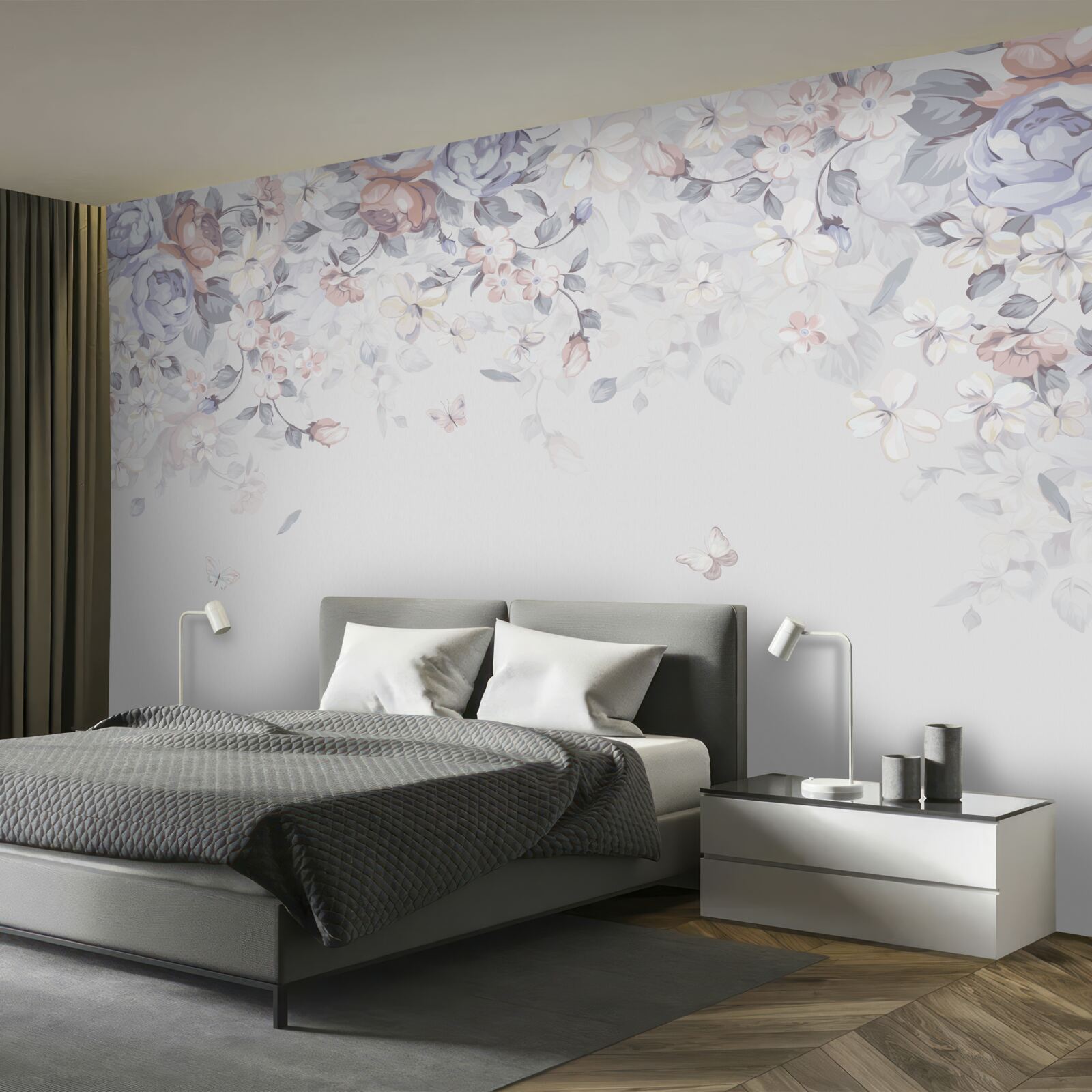 Fotobehang de witte achtergrond is versierd met zachte bloemen