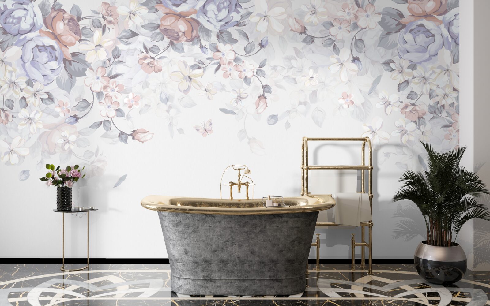 Fotobehang de witte achtergrond is versierd met zachte bloemen