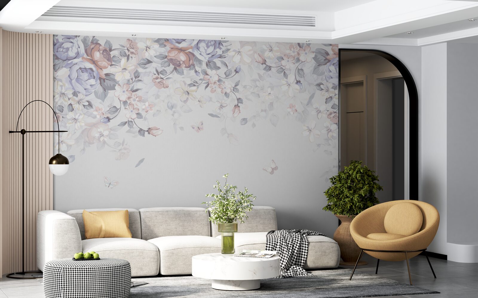 Fotobehang de witte achtergrond is versierd met zachte bloemen