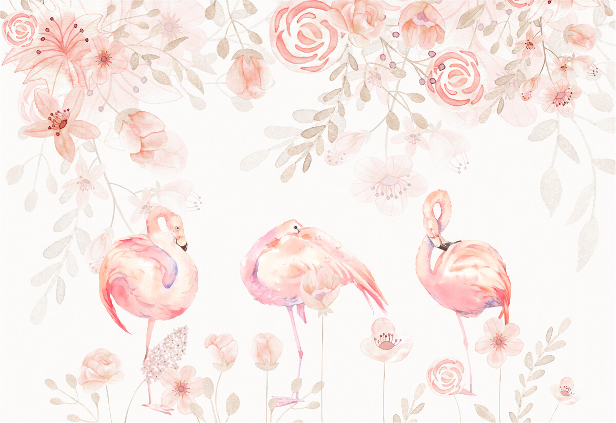 Fotobehang roze flamingo's en knoppen