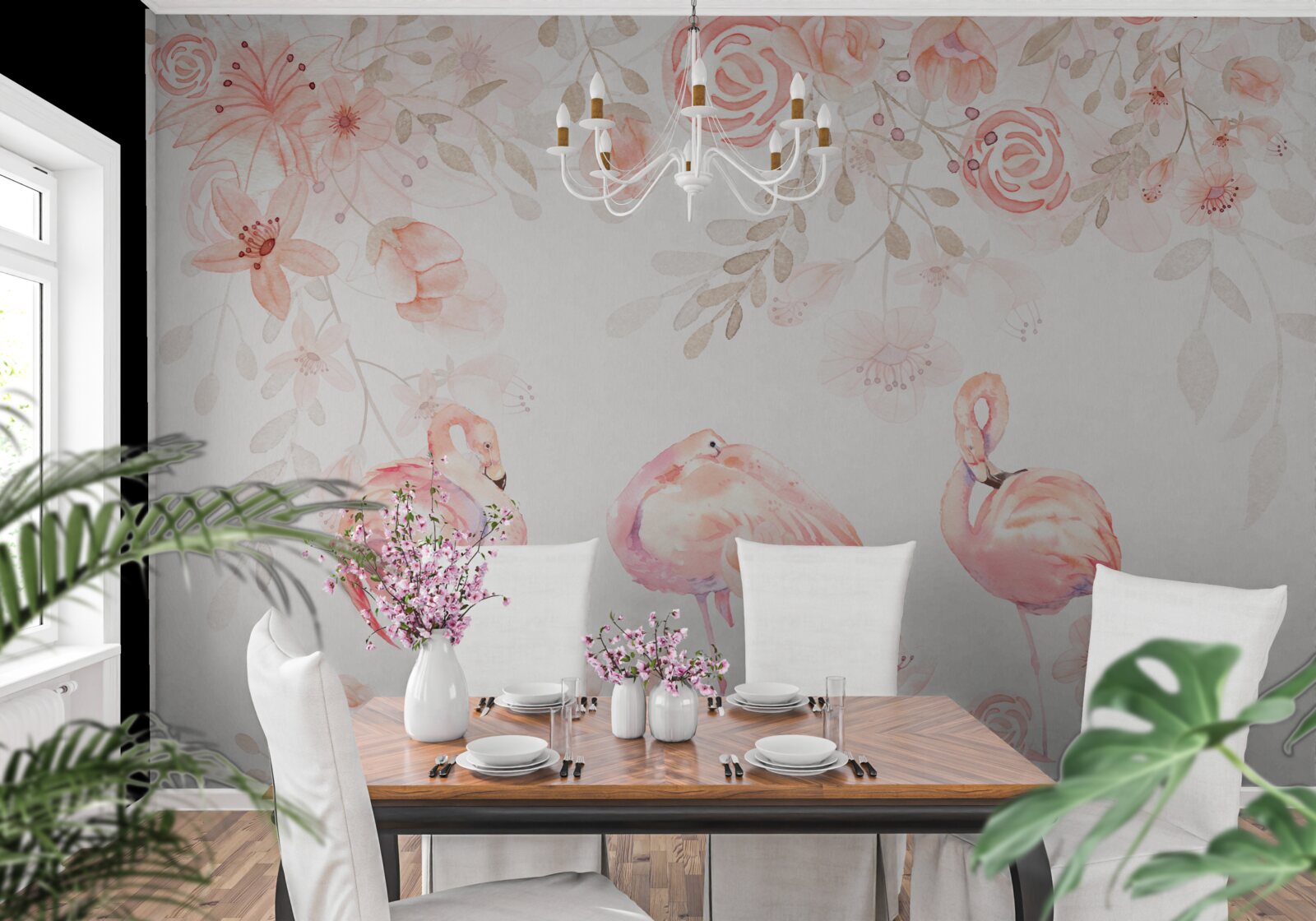 Fotobehang roze flamingo's en knoppen