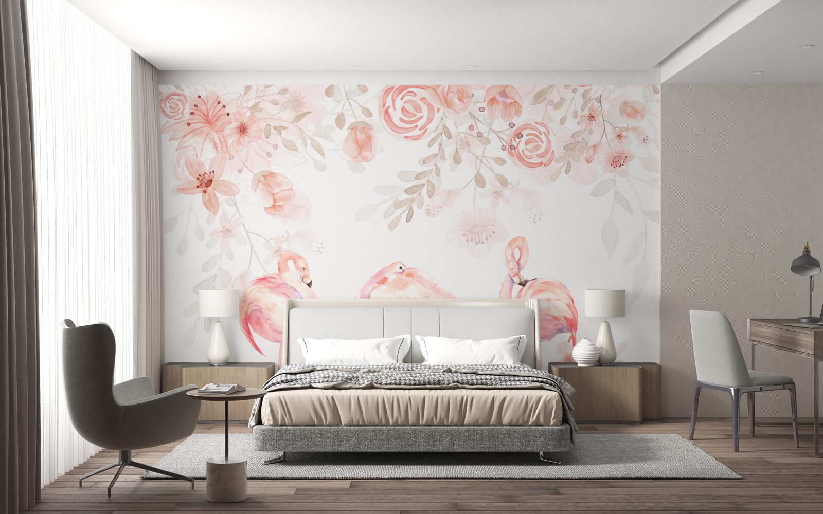 Fotobehang roze flamingo's en knoppen