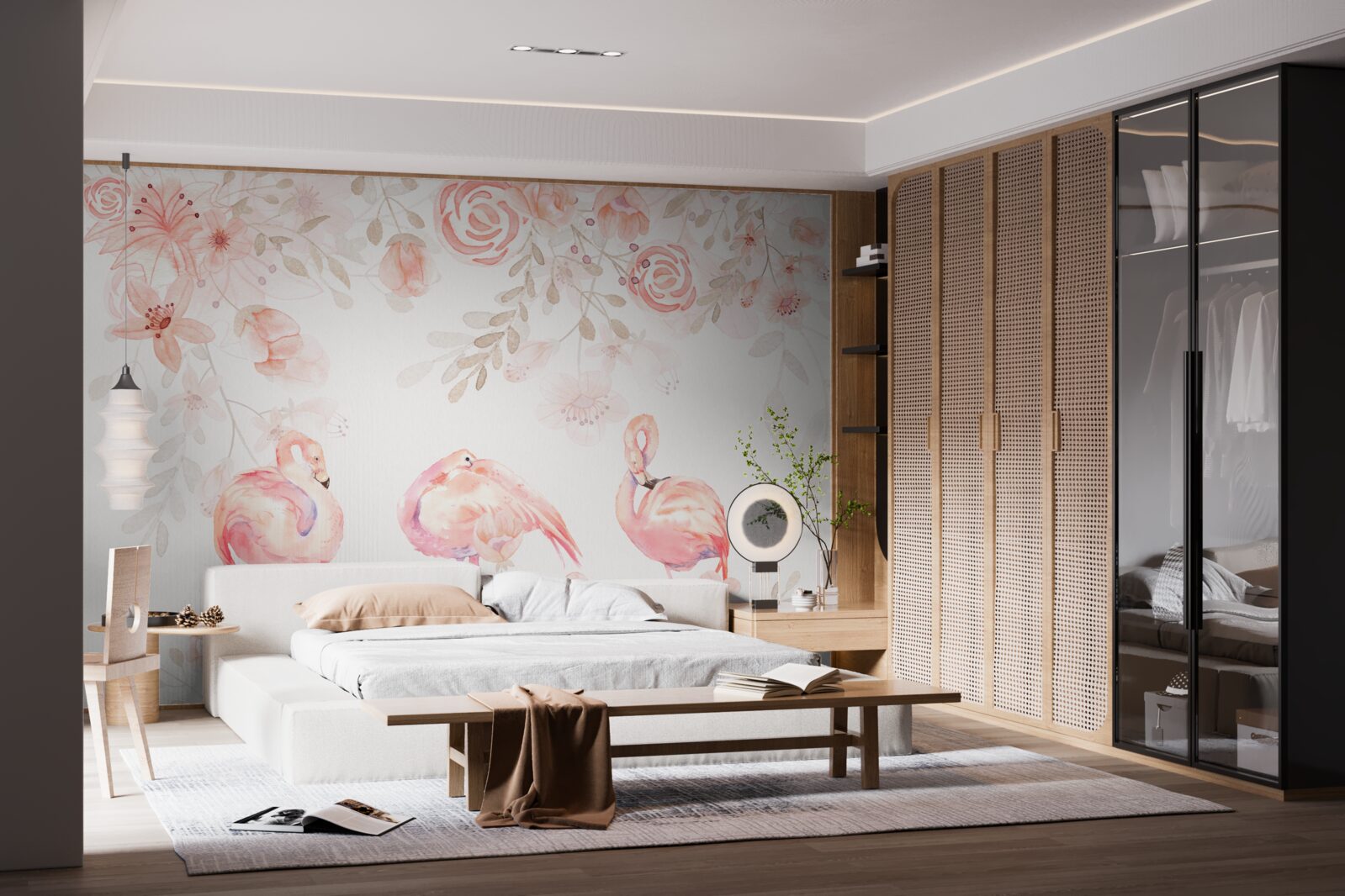 Fotobehang roze flamingo's en knoppen