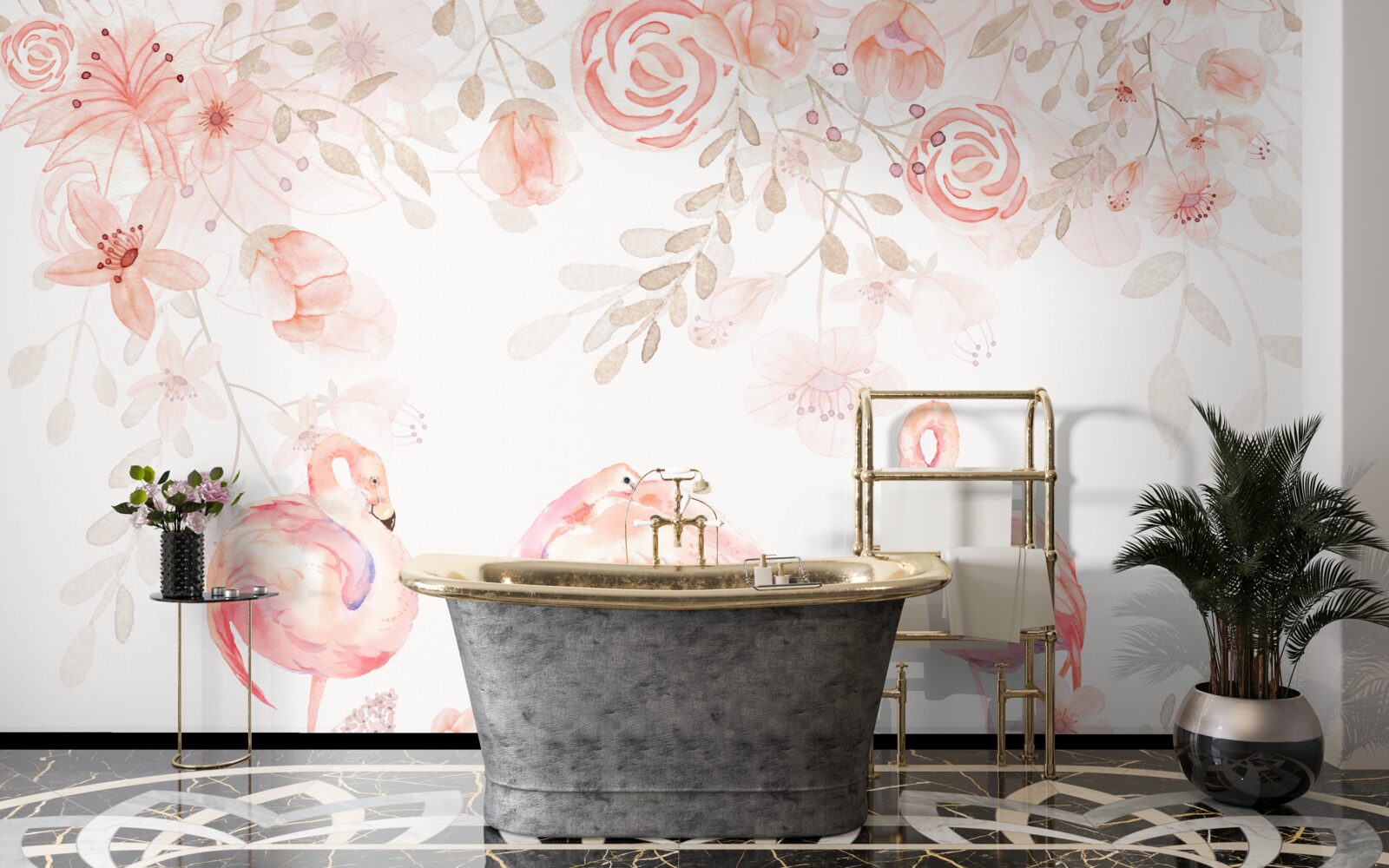 Fotobehang roze flamingo's en knoppen