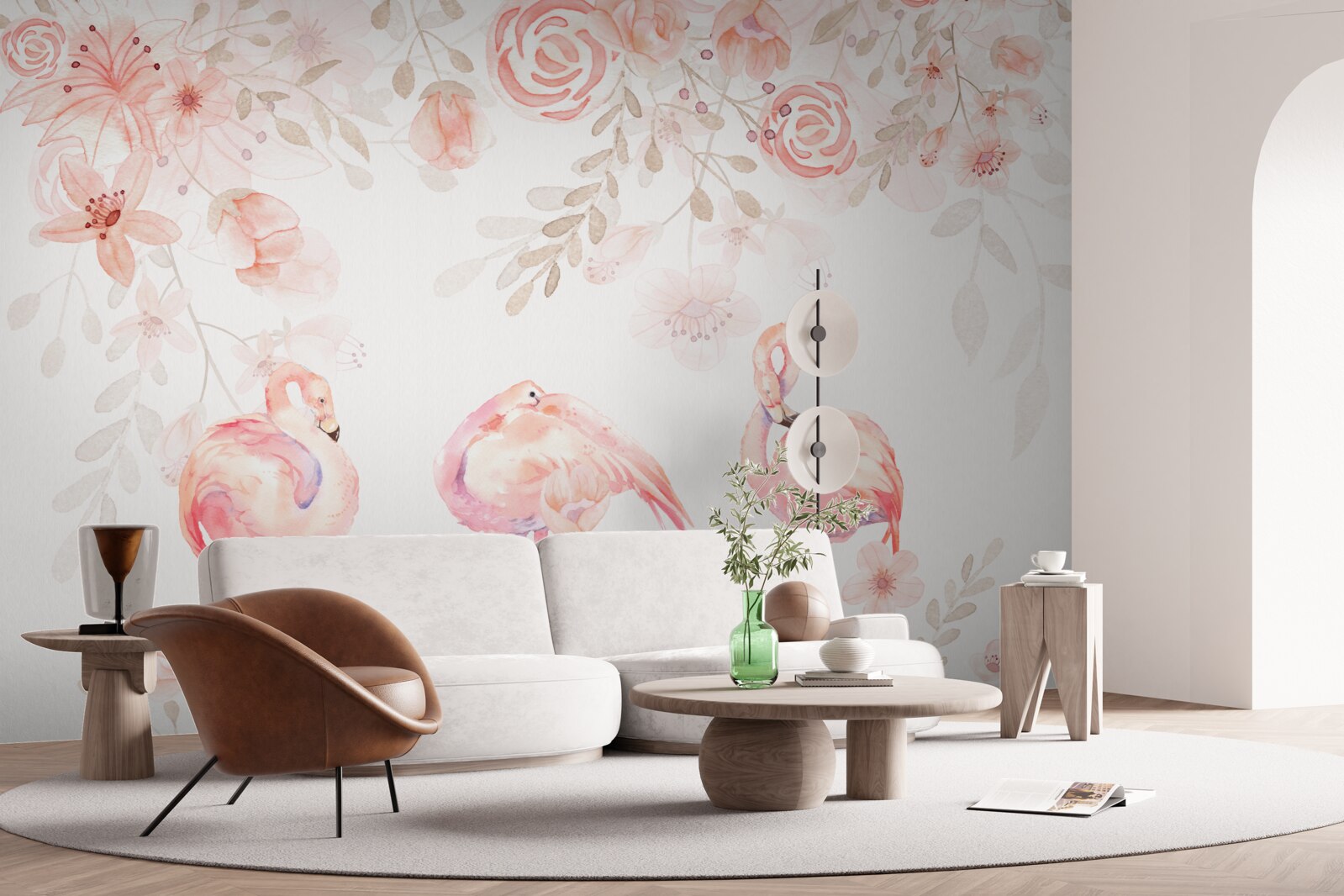 Fotobehang roze flamingo's en knoppen