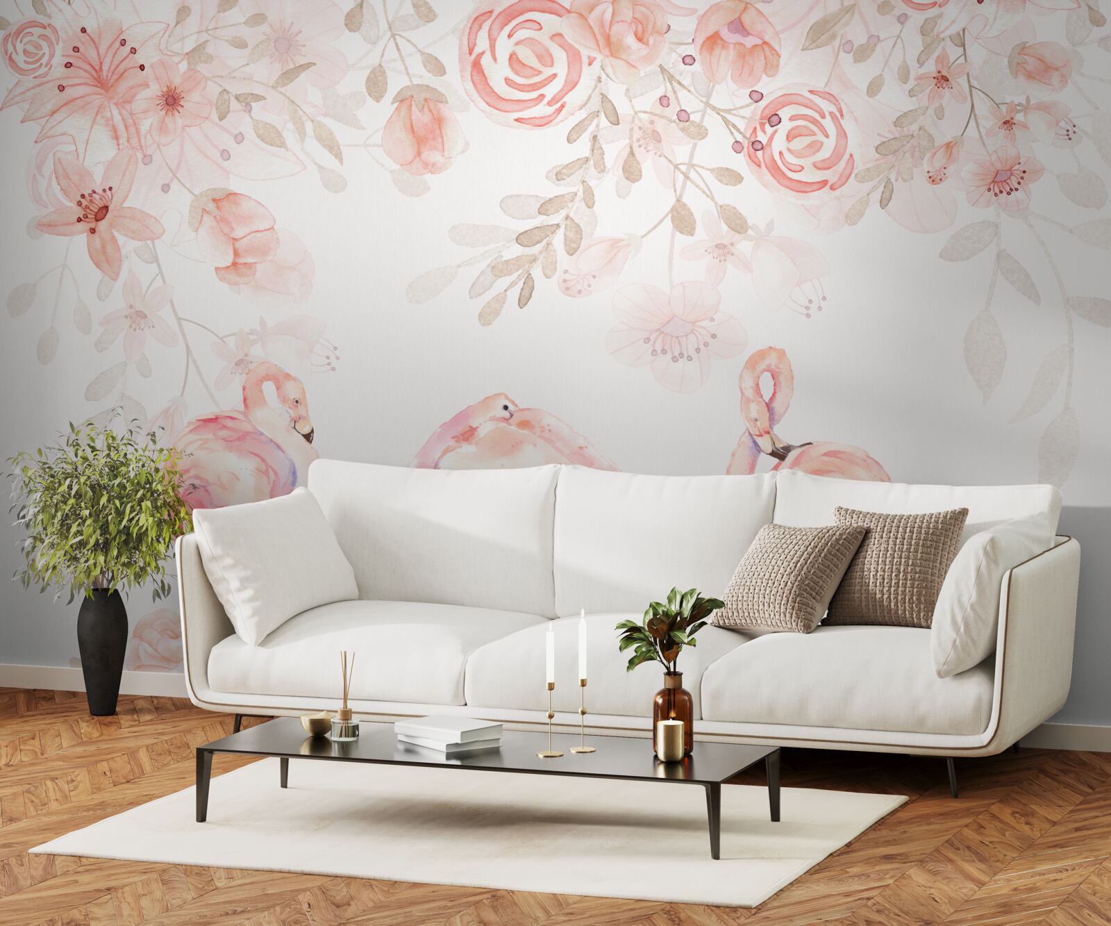 Fotobehang roze flamingo's en knoppen