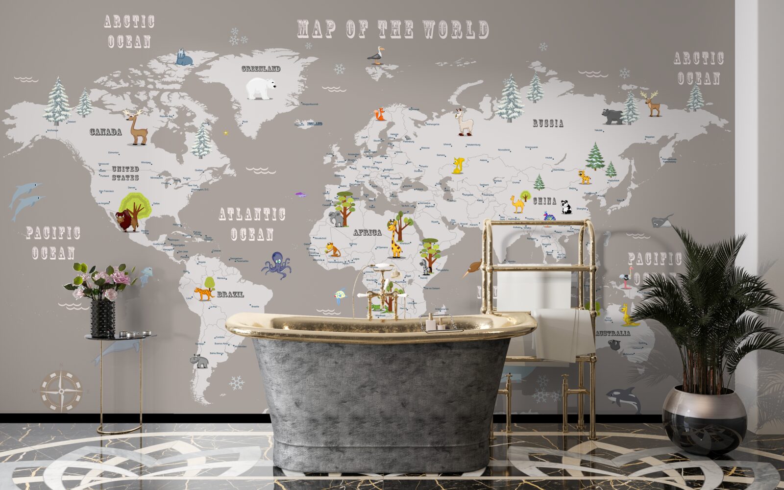 Fotobehang dieren in de geografische atlas van de planeet