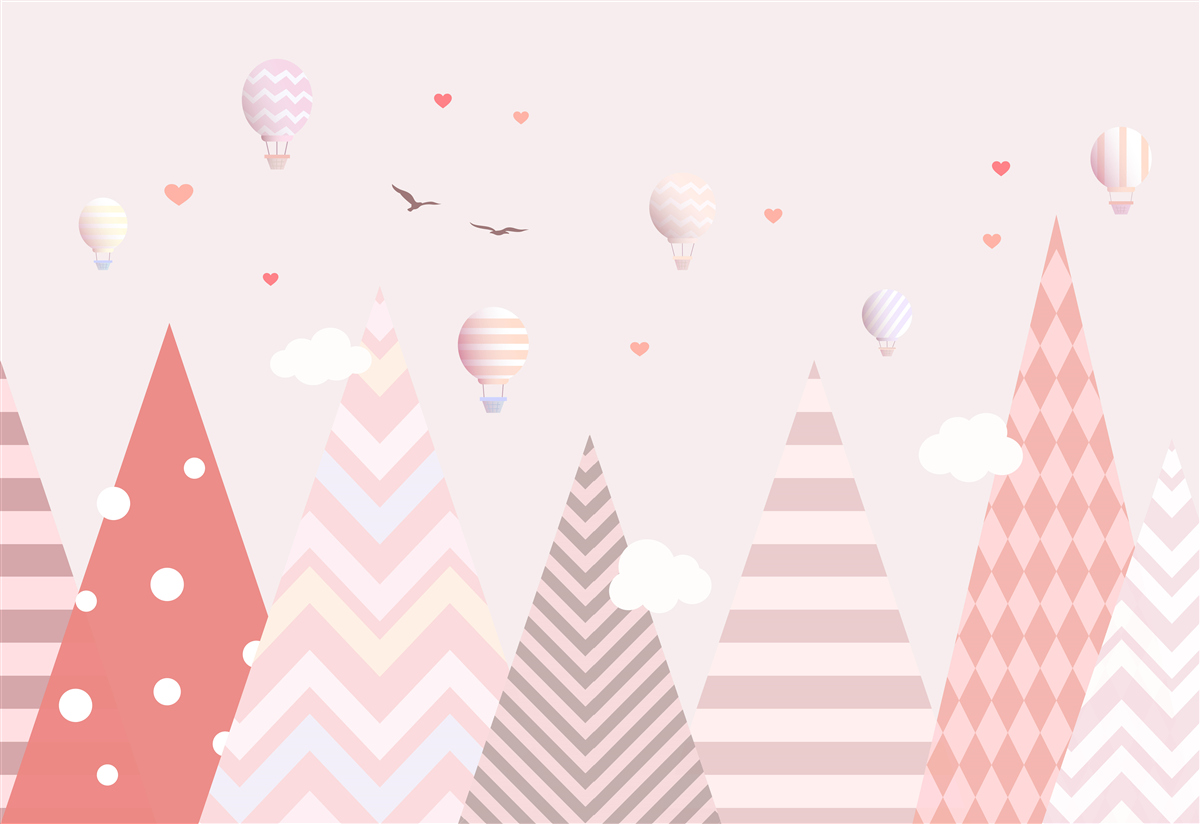 Fotobehang roze bergen versierd met ballonnen