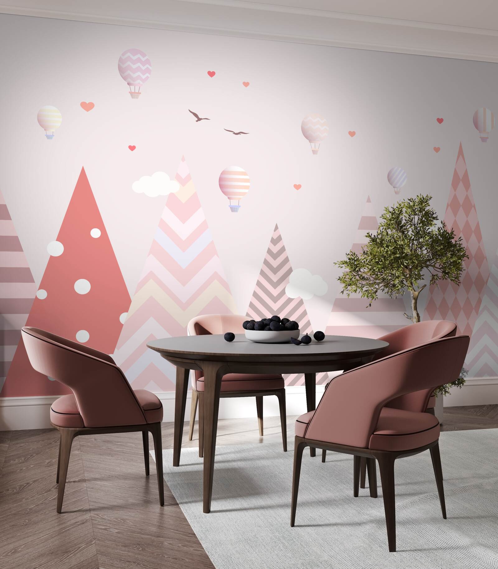 Fotobehang roze bergen versierd met ballonnen