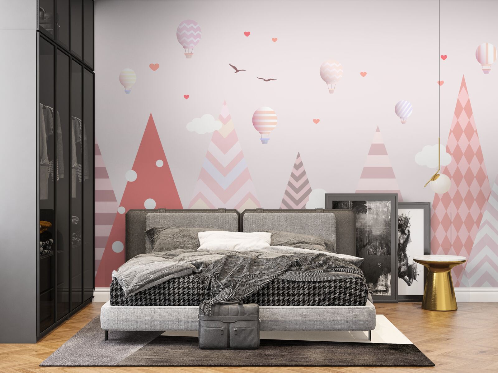 Fotobehang roze bergen versierd met ballonnen