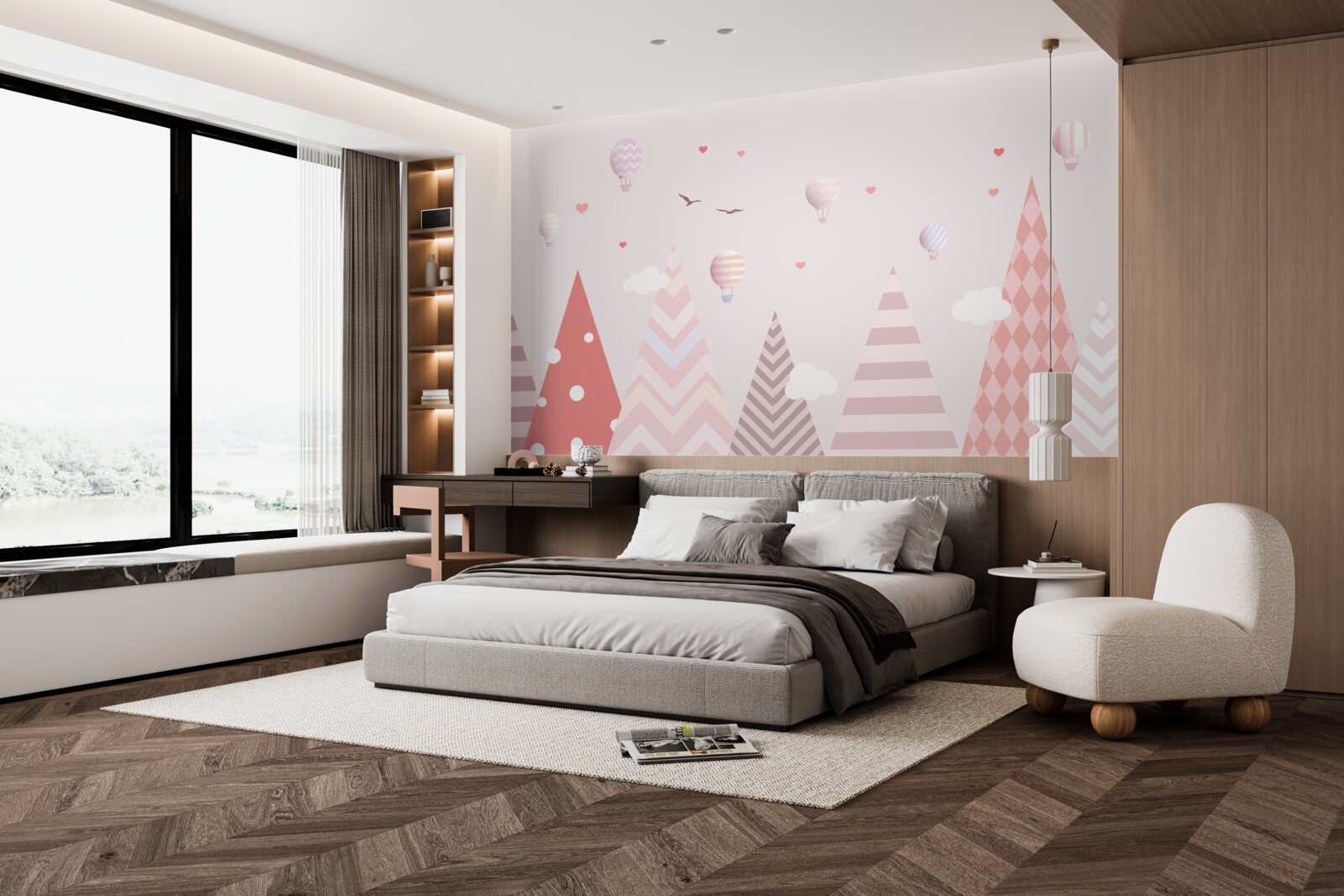 Fotobehang roze bergen versierd met ballonnen