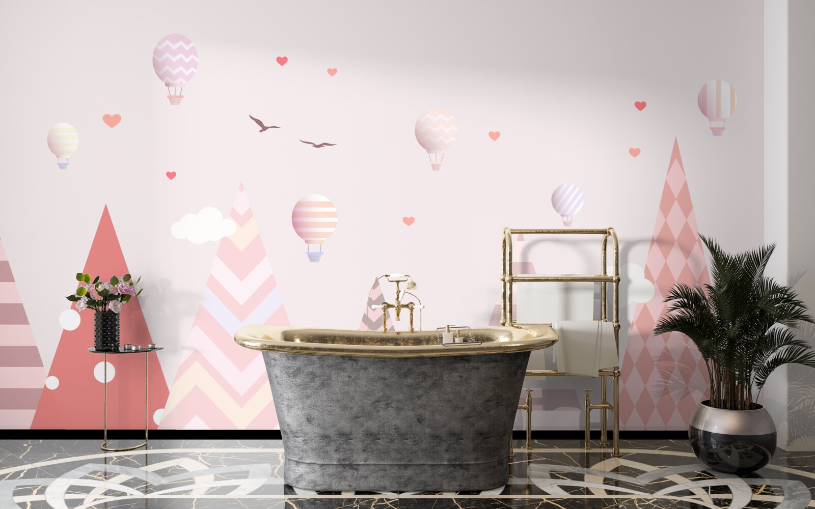 Fotobehang roze bergen versierd met ballonnen