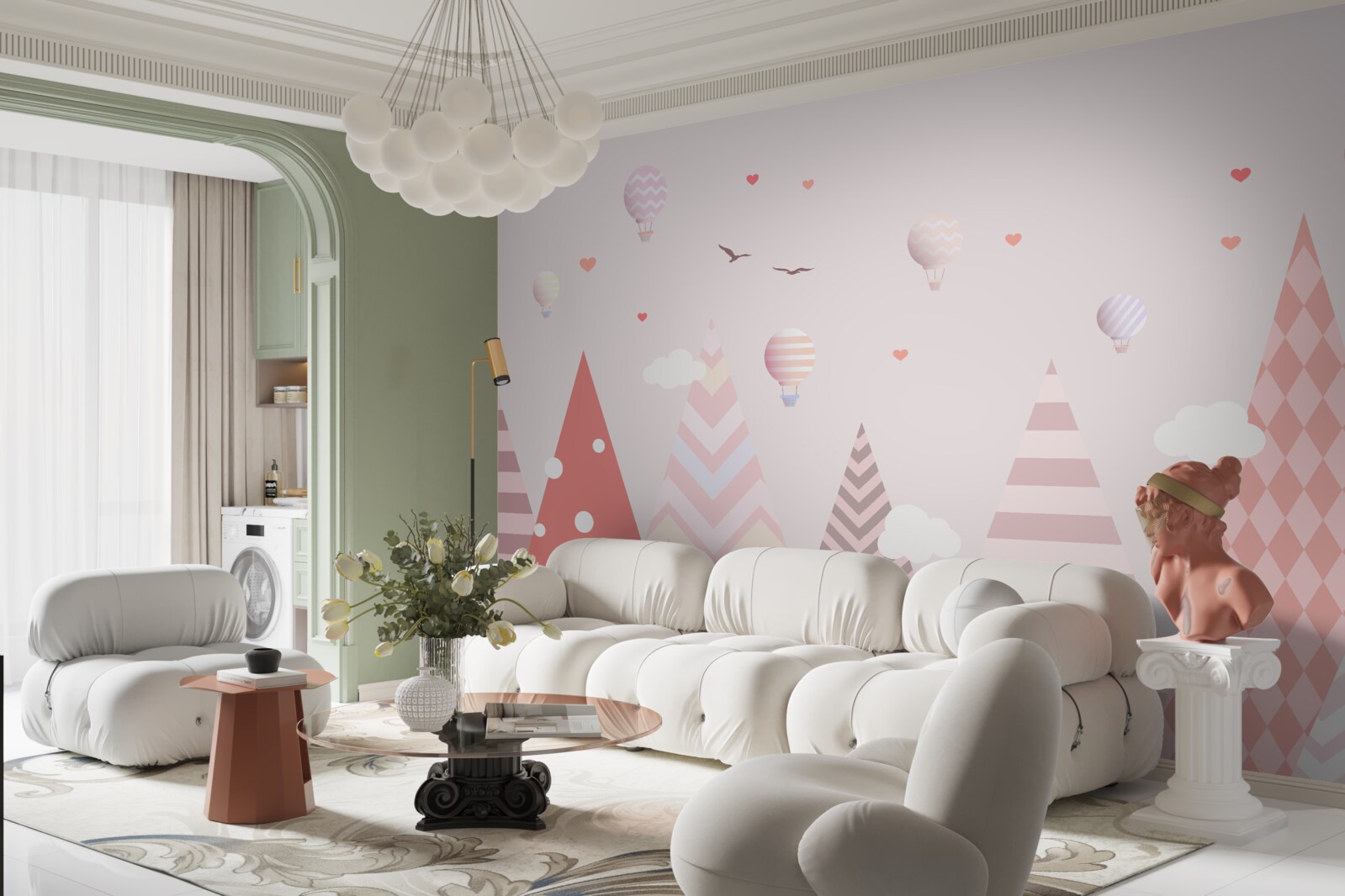 Fotobehang roze bergen versierd met ballonnen