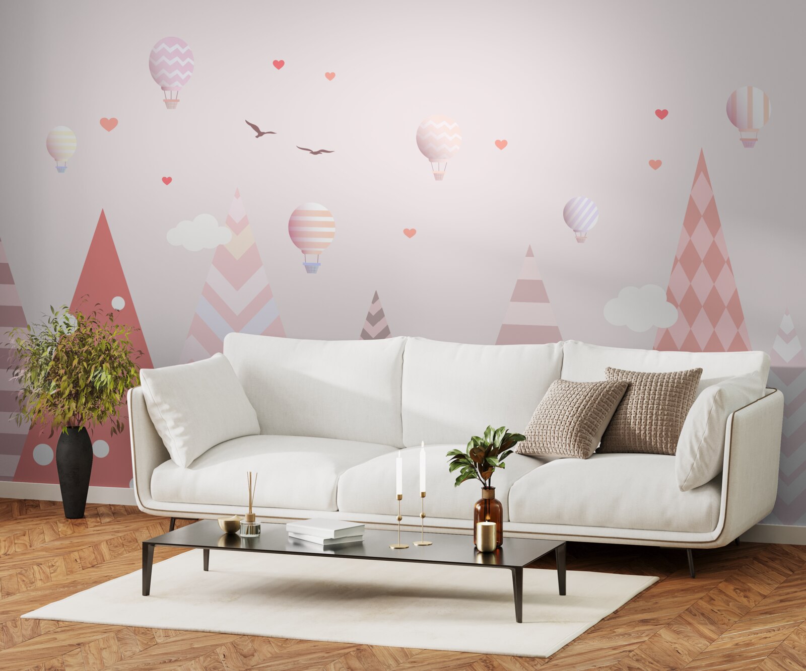 Fotobehang roze bergen versierd met ballonnen