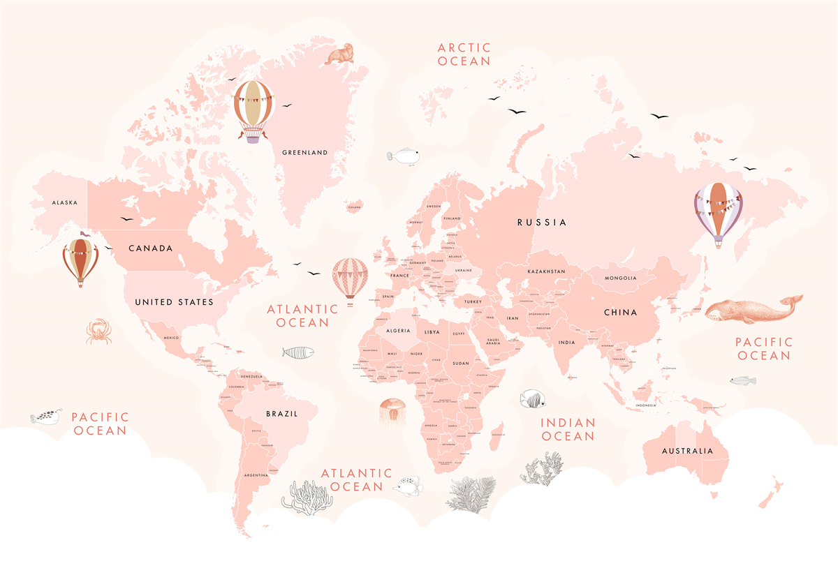 Fotobehang atlas van de planeten gepresenteerd in een roze kleurenpalet