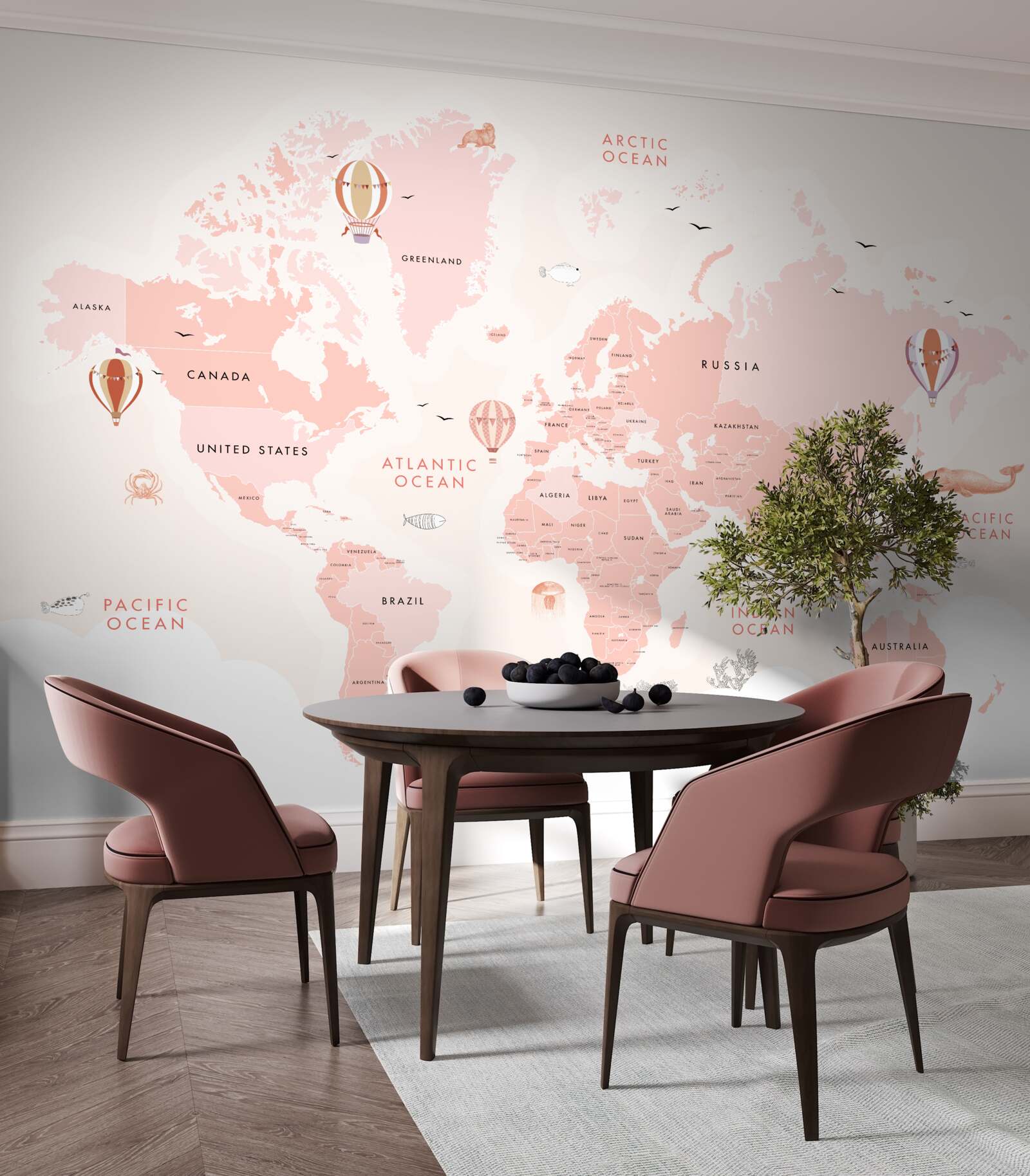 Fotobehang atlas van de planeten gepresenteerd in een roze kleurenpalet