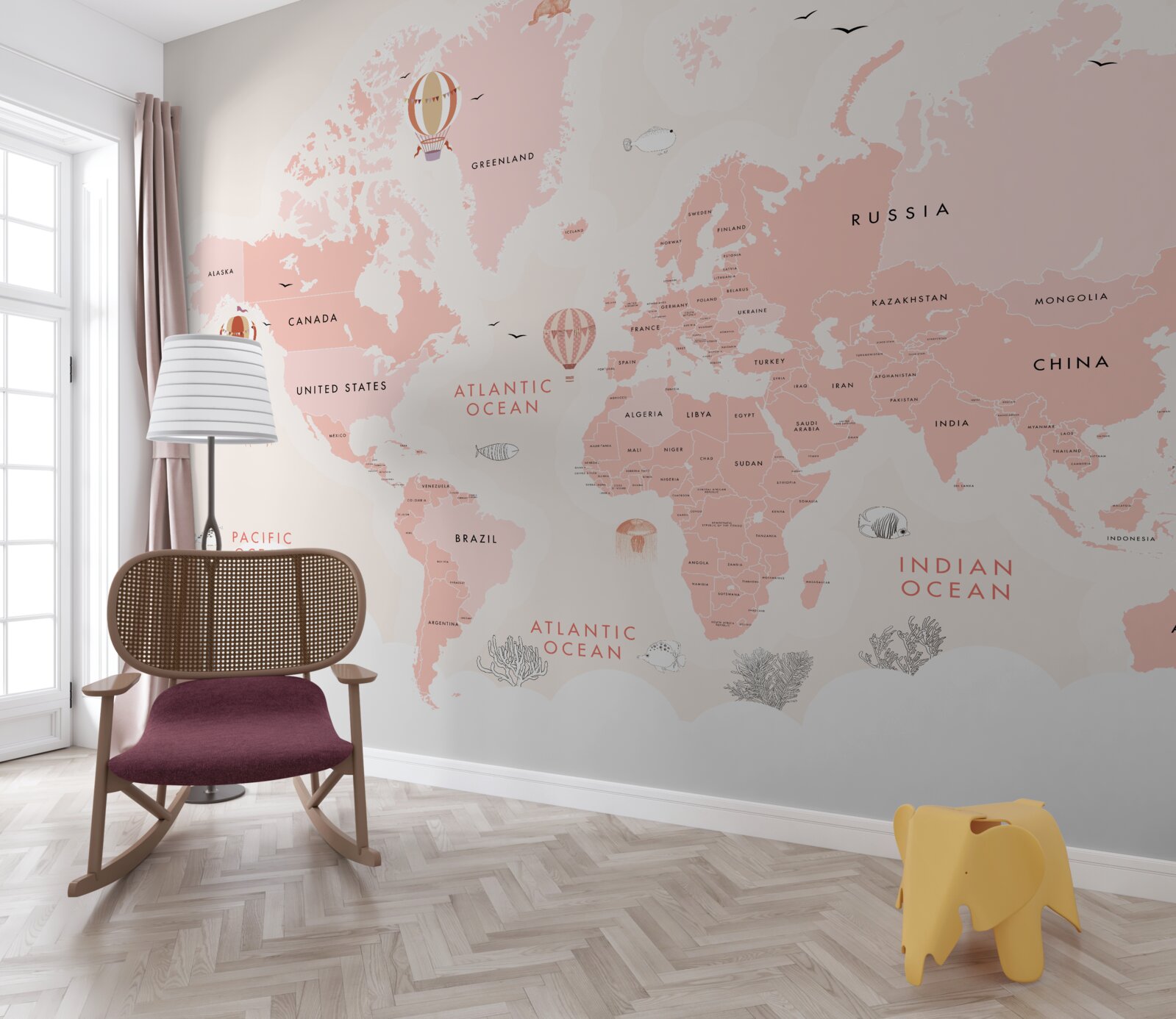 Fotobehang atlas van de planeten gepresenteerd in een roze kleurenpalet