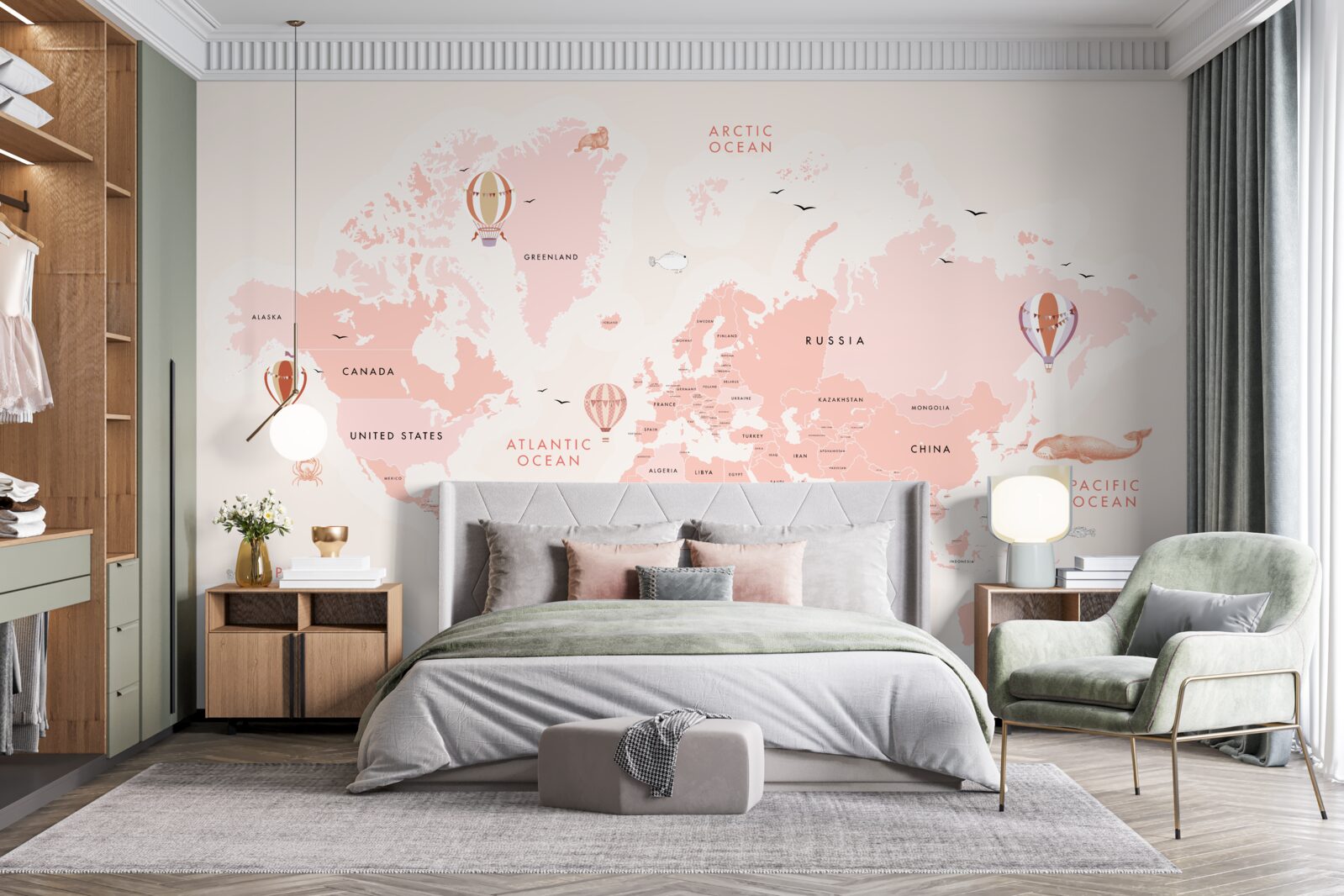 Fotobehang atlas van de planeten gepresenteerd in een roze kleurenpalet