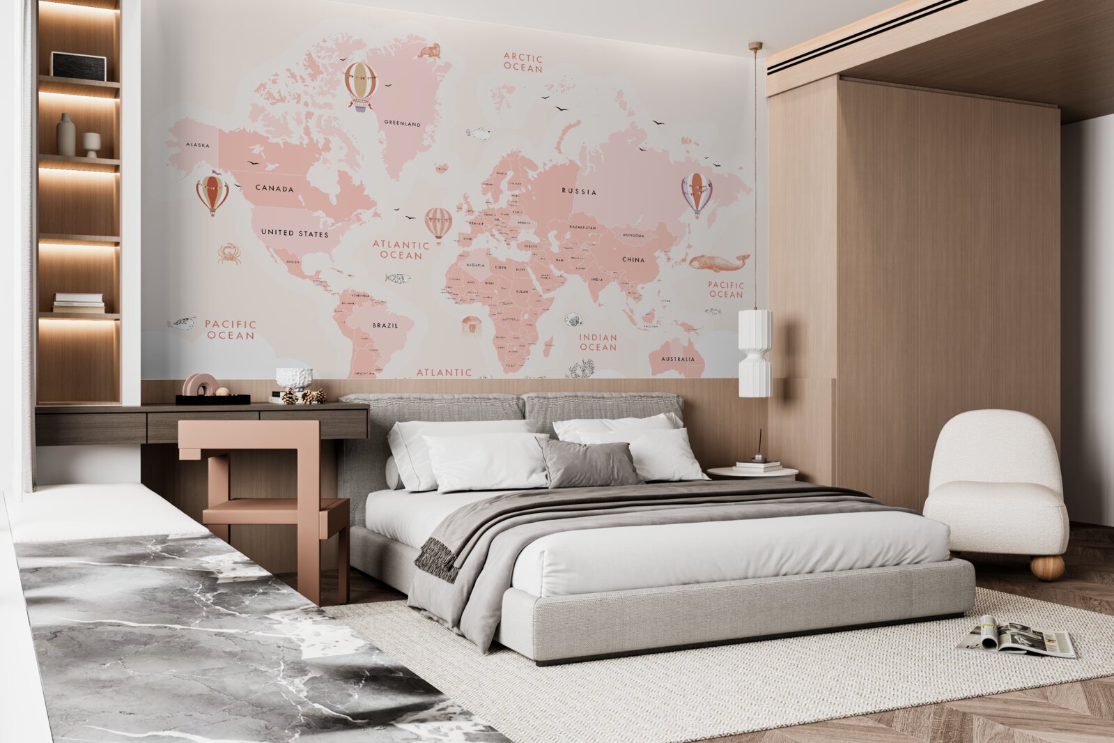 Fotobehang atlas van de planeten gepresenteerd in een roze kleurenpalet