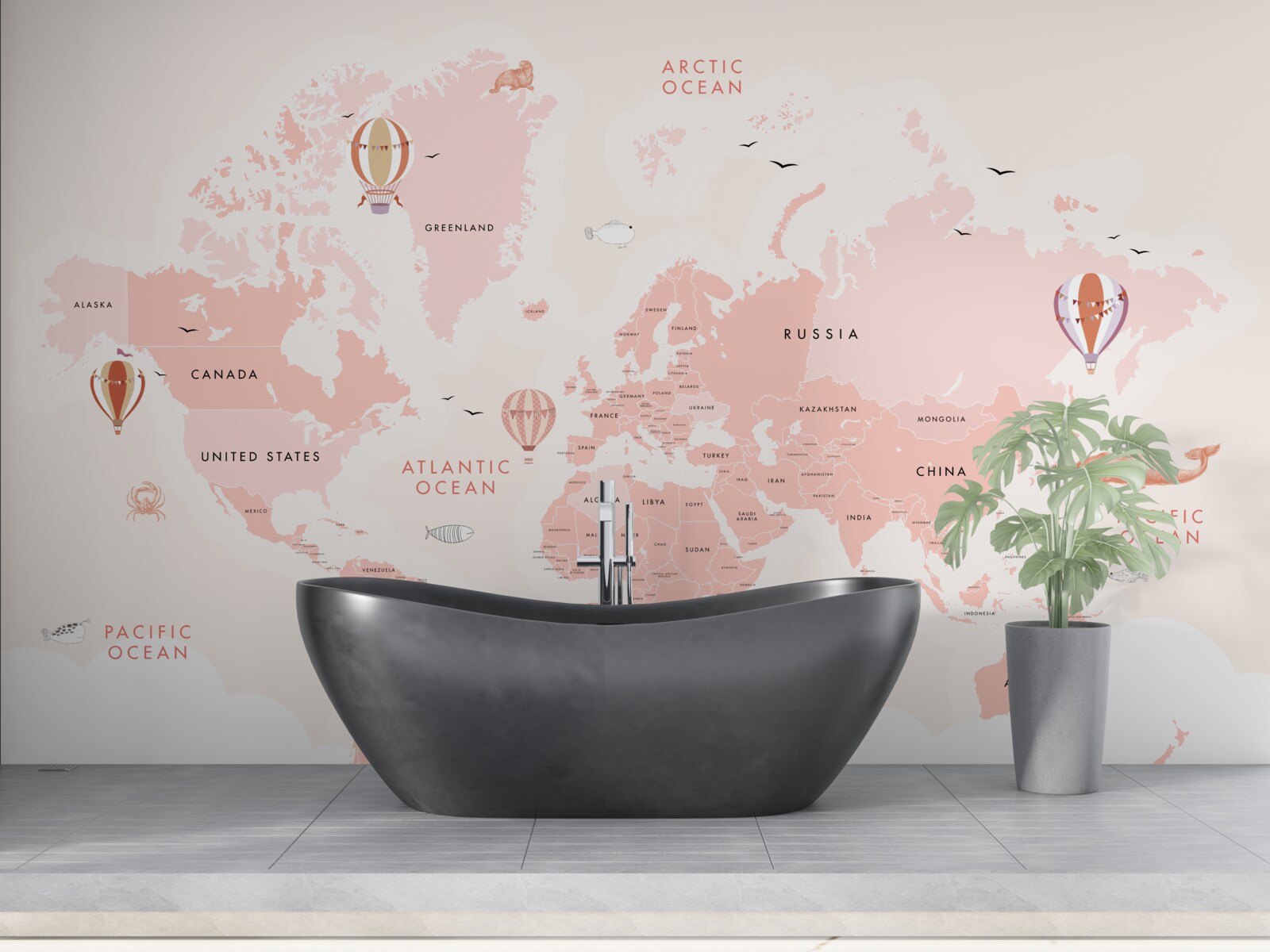 Fotobehang atlas van de planeten gepresenteerd in een roze kleurenpalet