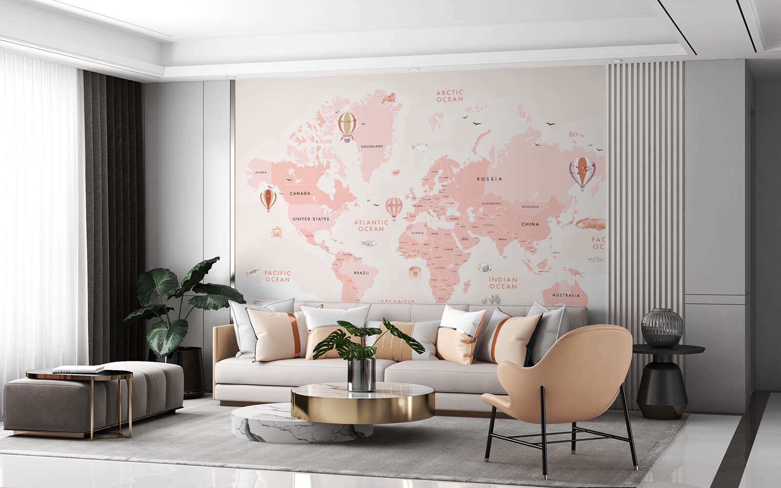 Fotobehang atlas van de planeten gepresenteerd in een roze kleurenpalet