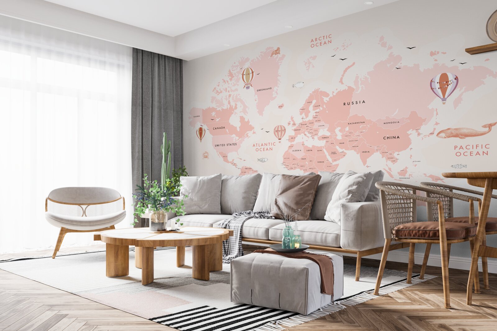 Fotobehang atlas van de planeten gepresenteerd in een roze kleurenpalet