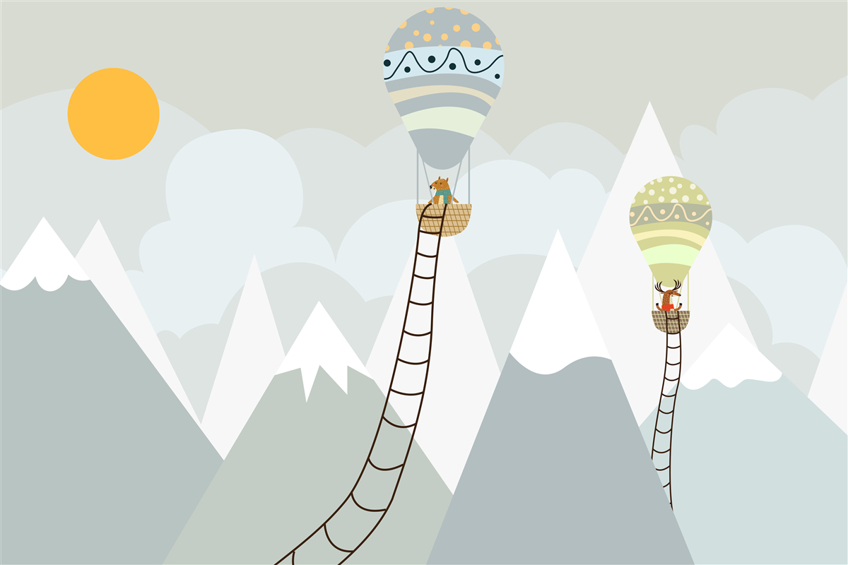 Fotobehang biologische wezens verpakt in ballonnen omringd door bergen