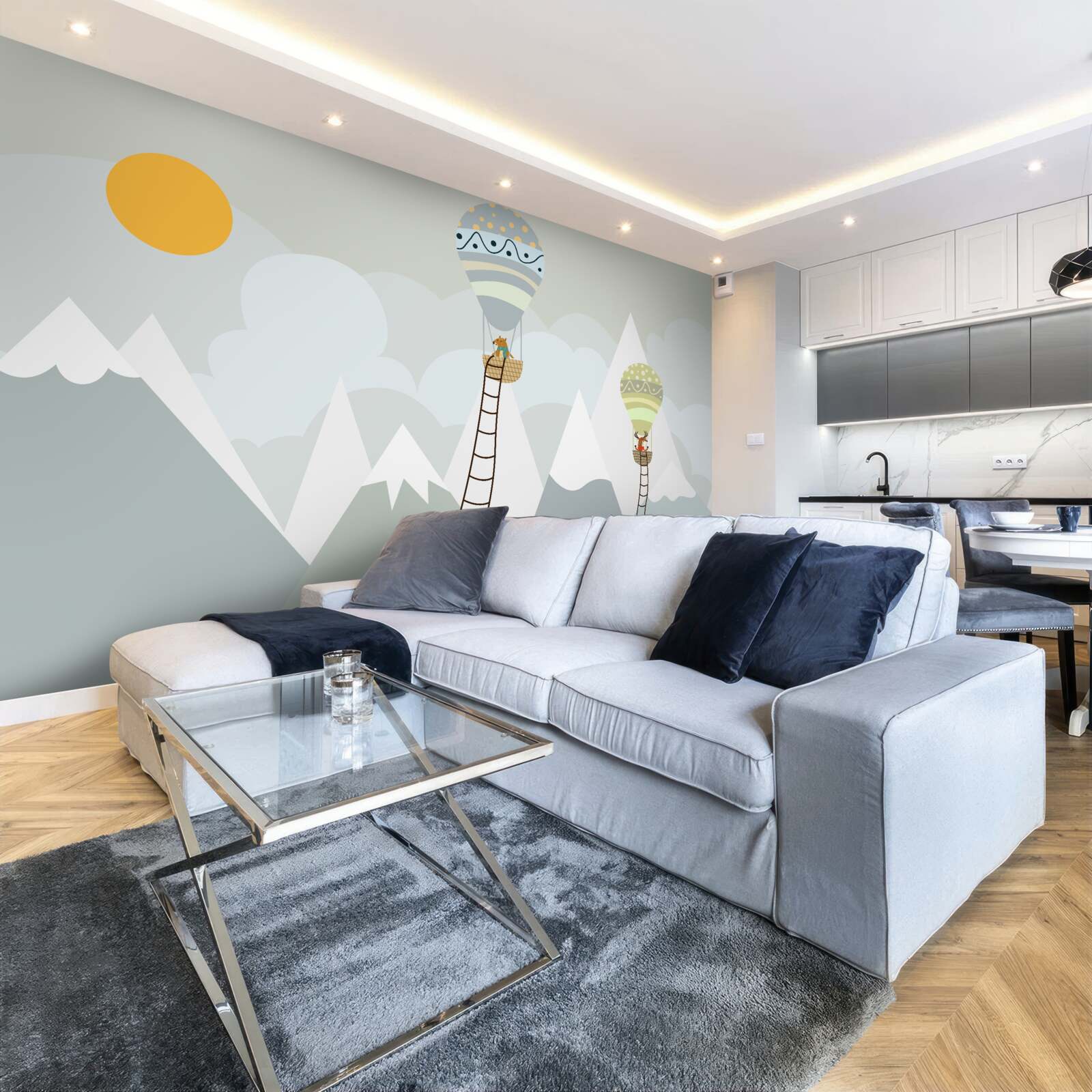 Fotobehang biologische wezens verpakt in ballonnen omringd door bergen