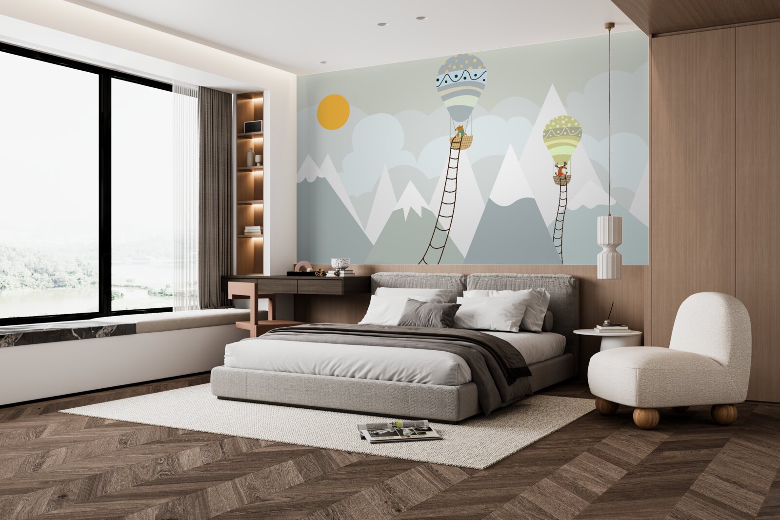 Fotobehang biologische wezens verpakt in ballonnen omringd door bergen