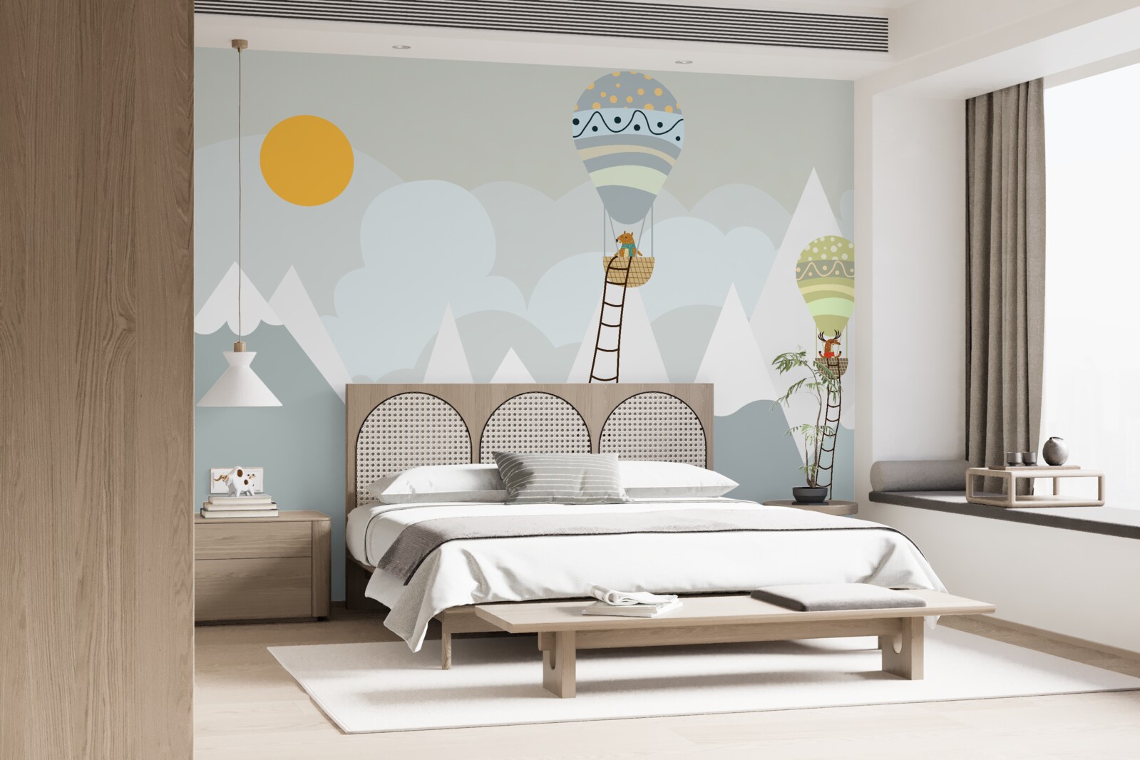 Fotobehang biologische wezens verpakt in ballonnen omringd door bergen