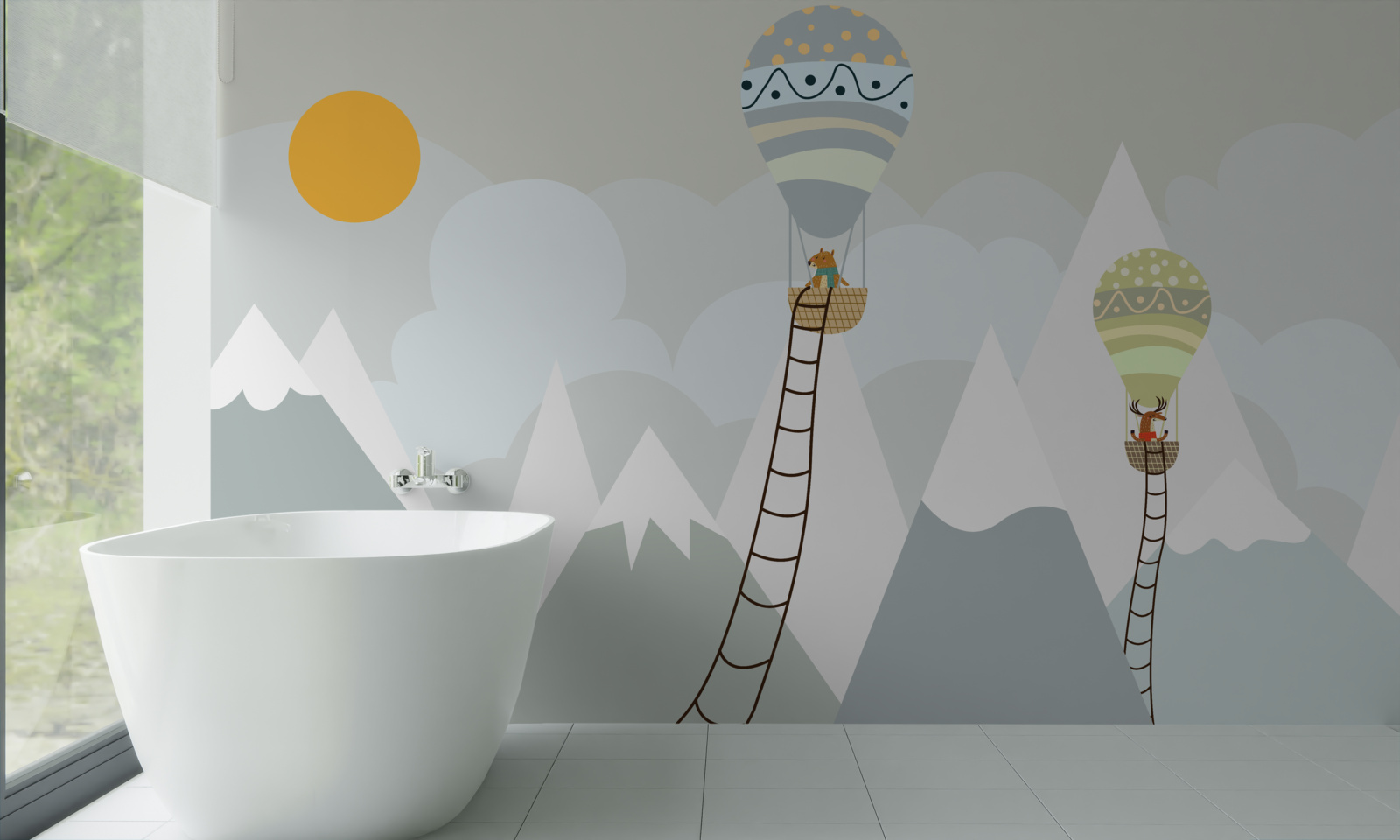 Fotobehang biologische wezens verpakt in ballonnen omringd door bergen