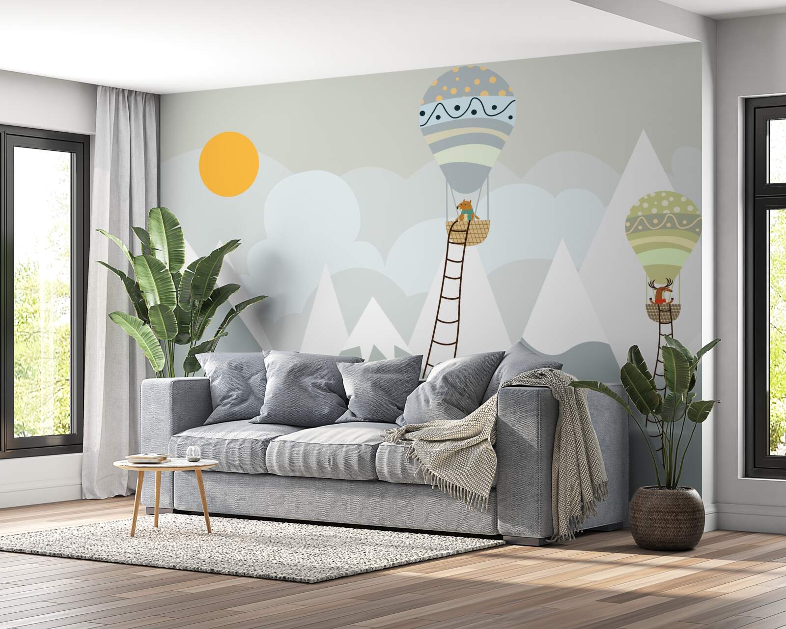 Fotobehang biologische wezens verpakt in ballonnen omringd door bergen