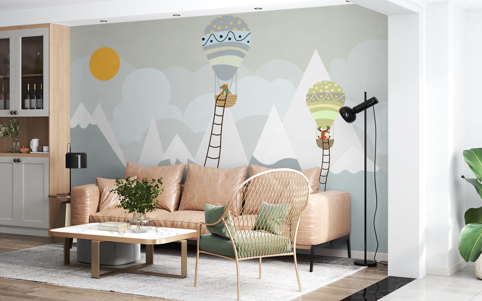 Fotobehang biologische wezens verpakt in ballonnen omringd door bergen