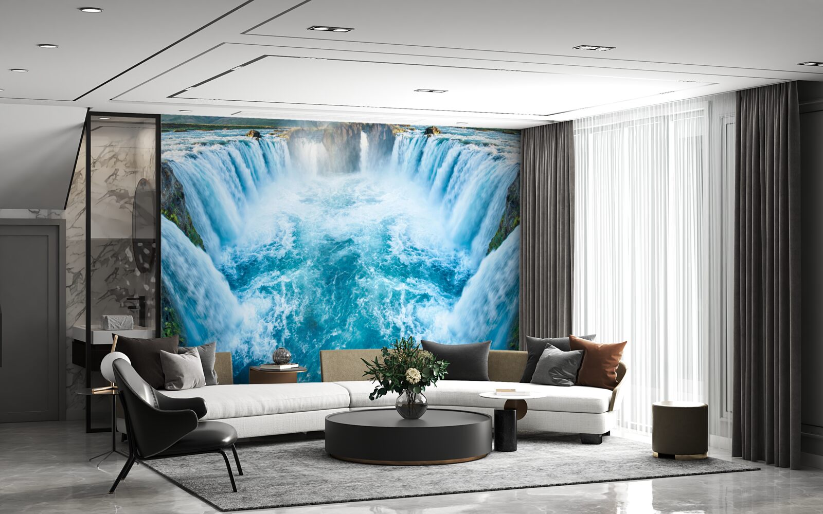 Fotobehang een reeks watervallen die in de rivier storten