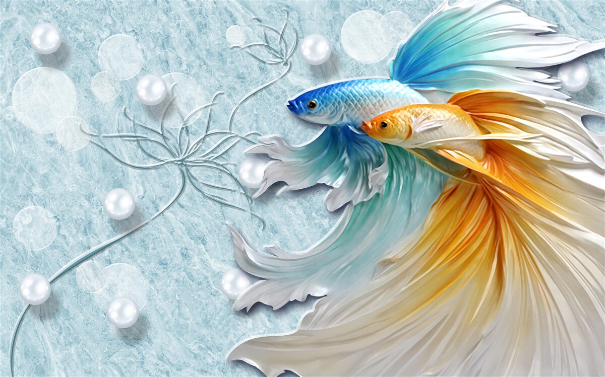 Fotobehang vissen met weelderige staarten, gehuld in goud en blauw