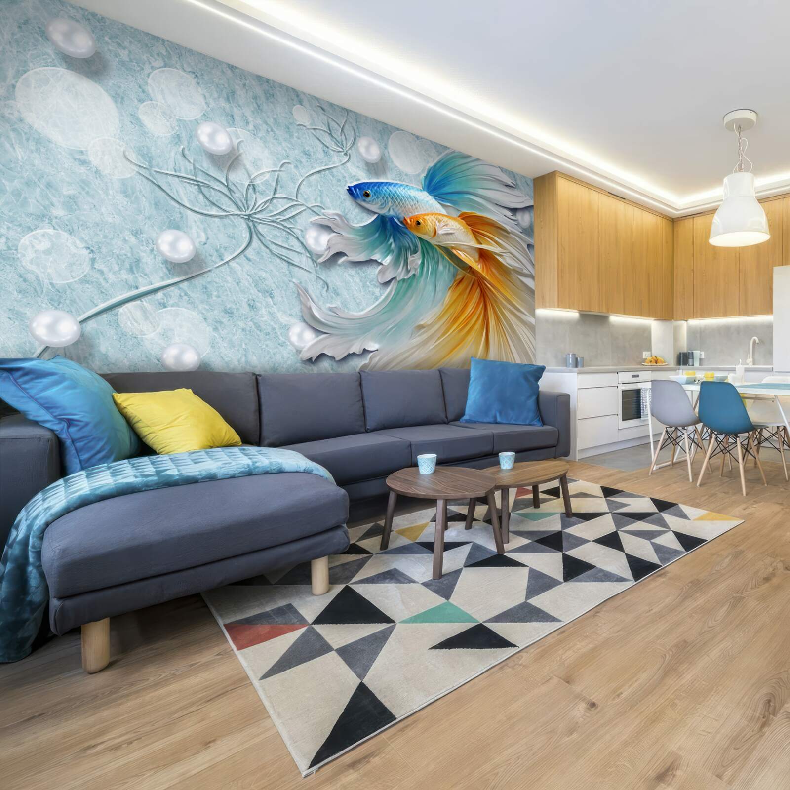 Fotobehang vissen met weelderige staarten, gehuld in goud en blauw