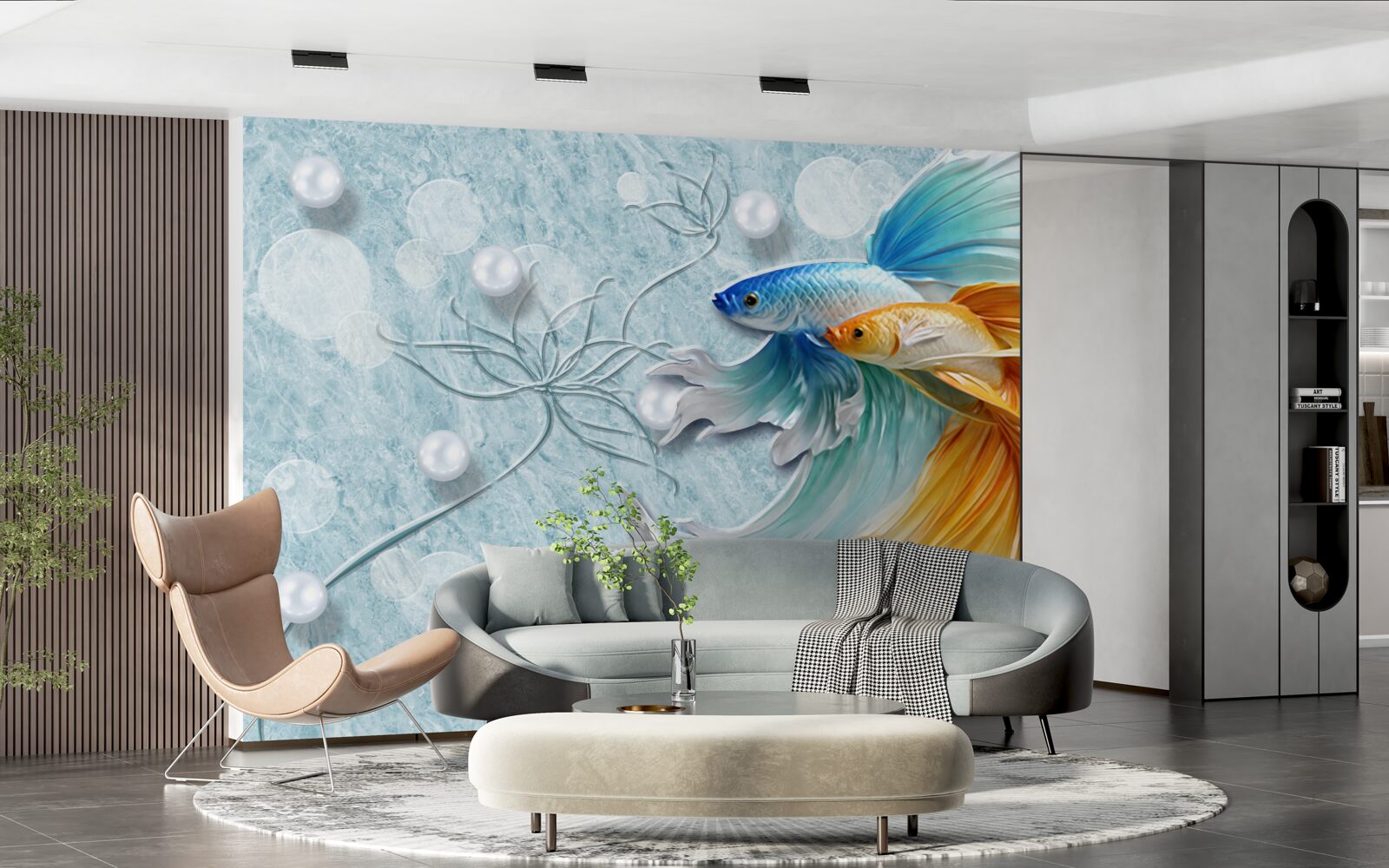 Fotobehang vissen met weelderige staarten, gehuld in goud en blauw