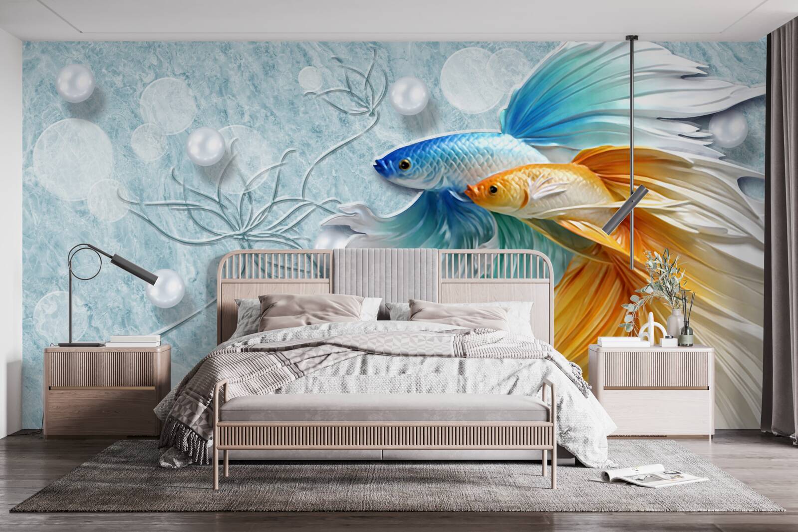 Fotobehang vissen met weelderige staarten, gehuld in goud en blauw