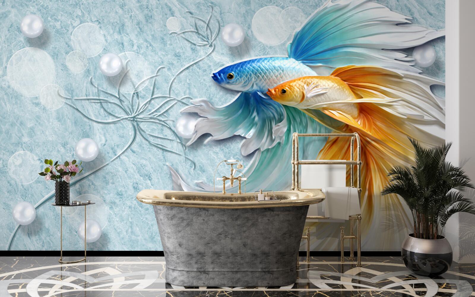 Fotobehang vissen met weelderige staarten, gehuld in goud en blauw