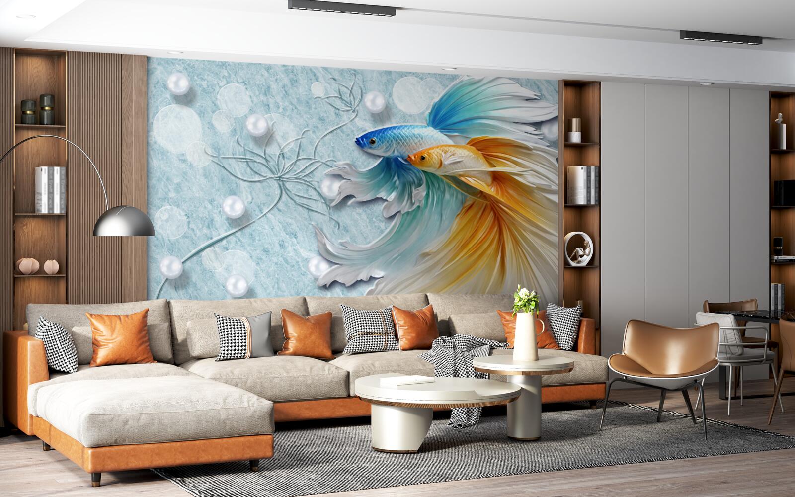 Fotobehang vissen met weelderige staarten, gehuld in goud en blauw