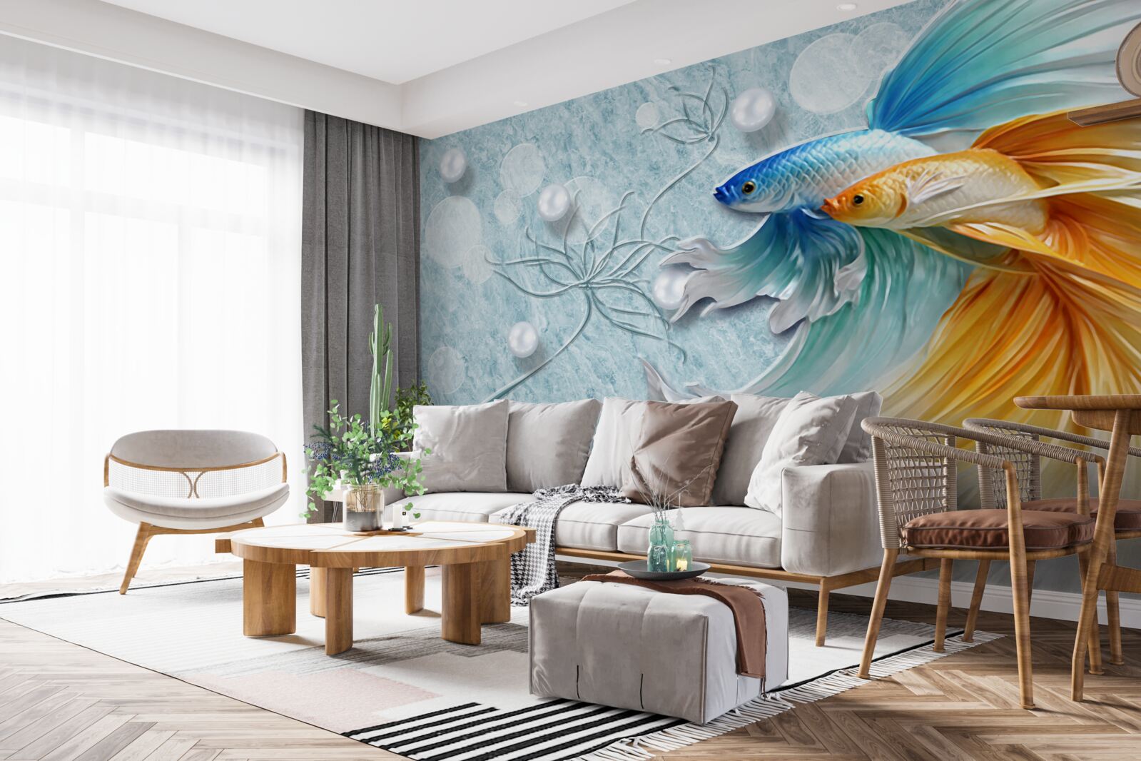 Fotobehang vissen met weelderige staarten, gehuld in goud en blauw