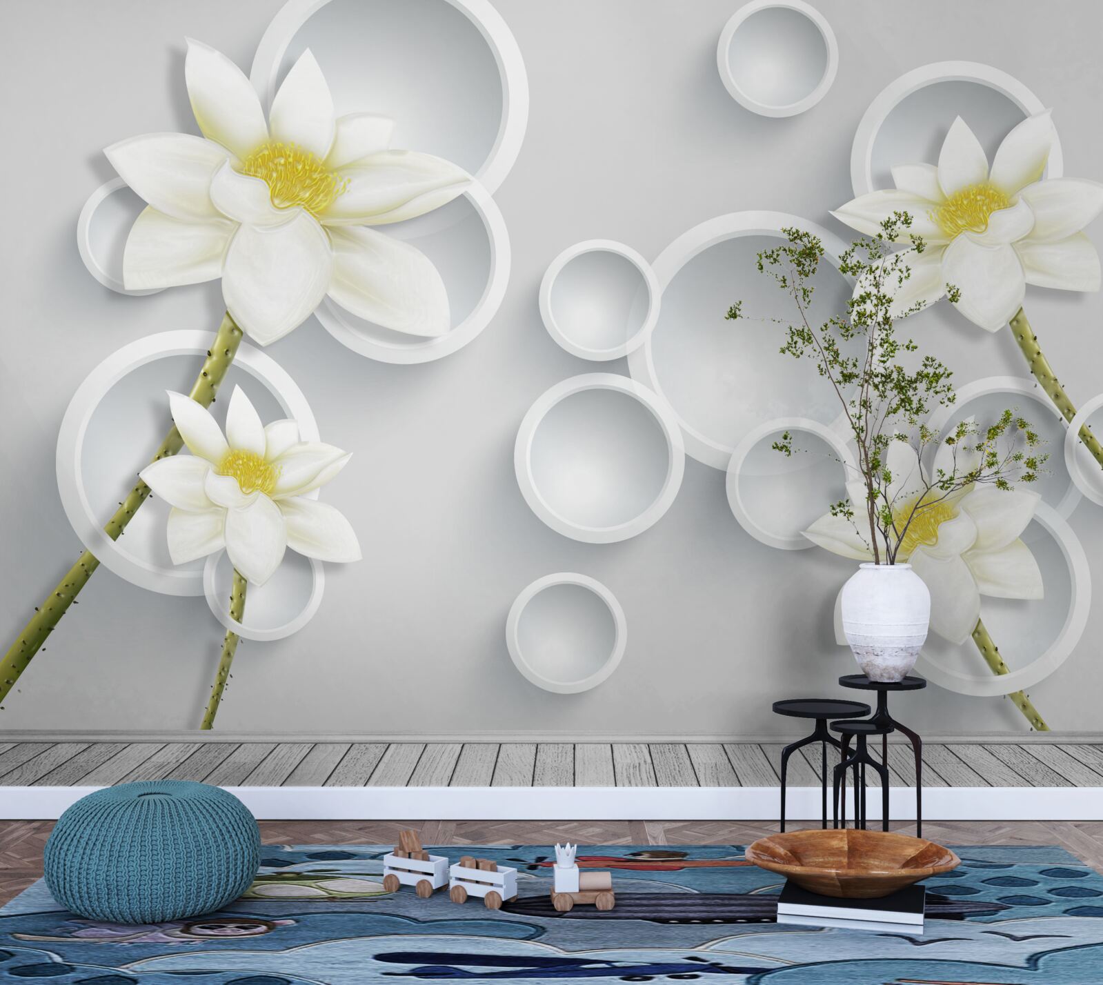 Fotobehang bloemen zijn wit met een geel hart