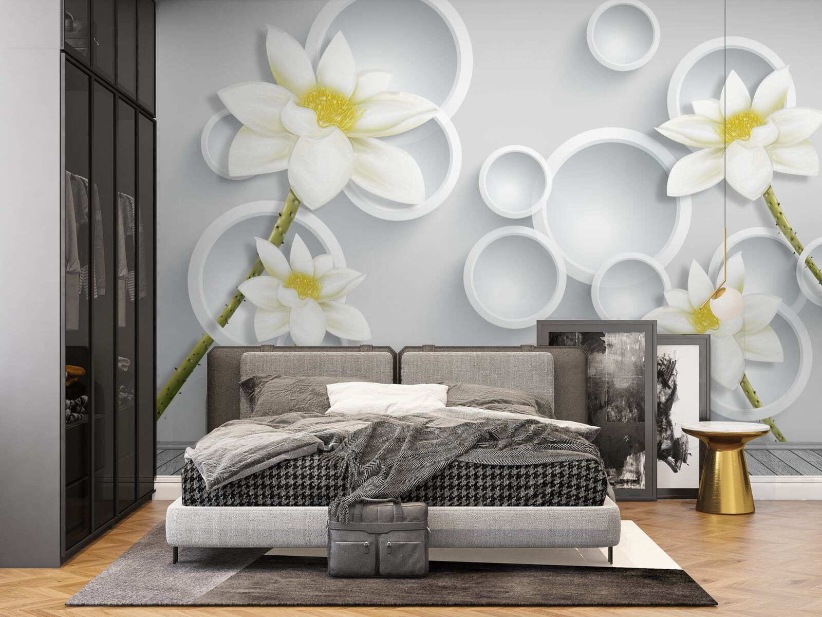 Fotobehang bloemen zijn wit met een geel hart