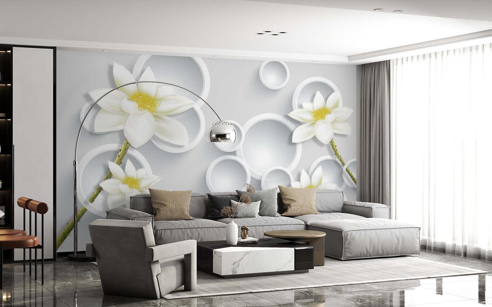 Fotobehang bloemen zijn wit met een geel hart